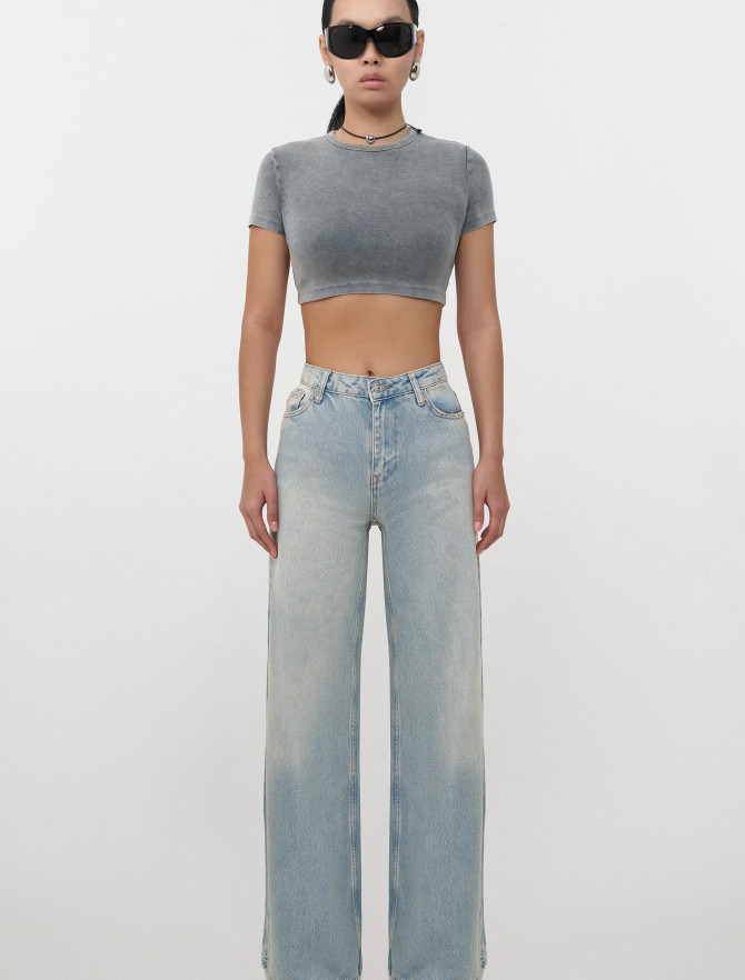 Джинсы Wide leg голубого цвета_0